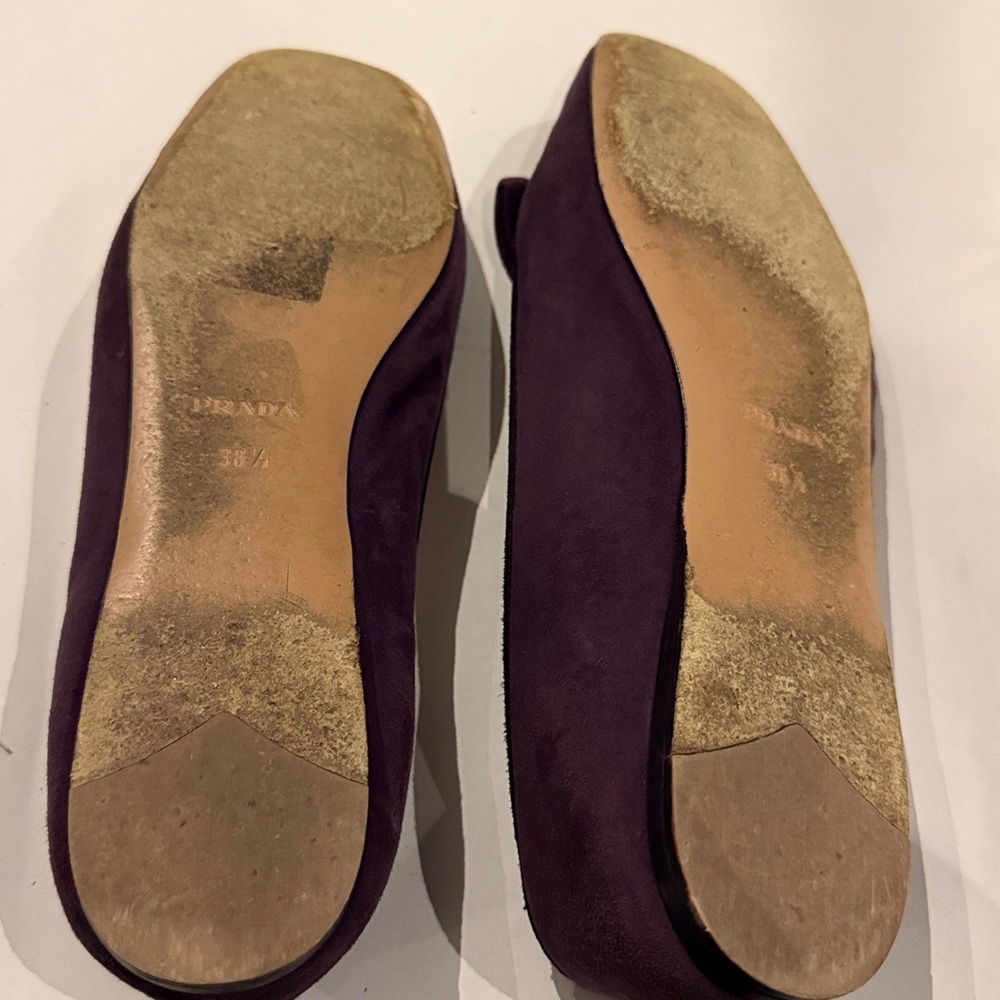 Prada Women's Deep Purple Suede Flats with Bow with Gold Prada accents - Picture 13 of 13